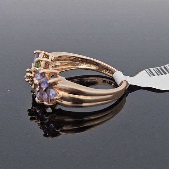 14K Yellow Gold Tanzanite & Emerald Flower Motif Cluster Gemstone Ring Size 8 - Picture 9 of 16